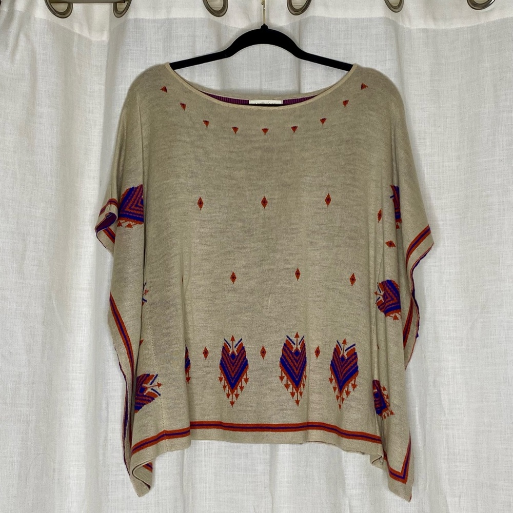 Beige Sweater Poncho with Red and Purple Accents